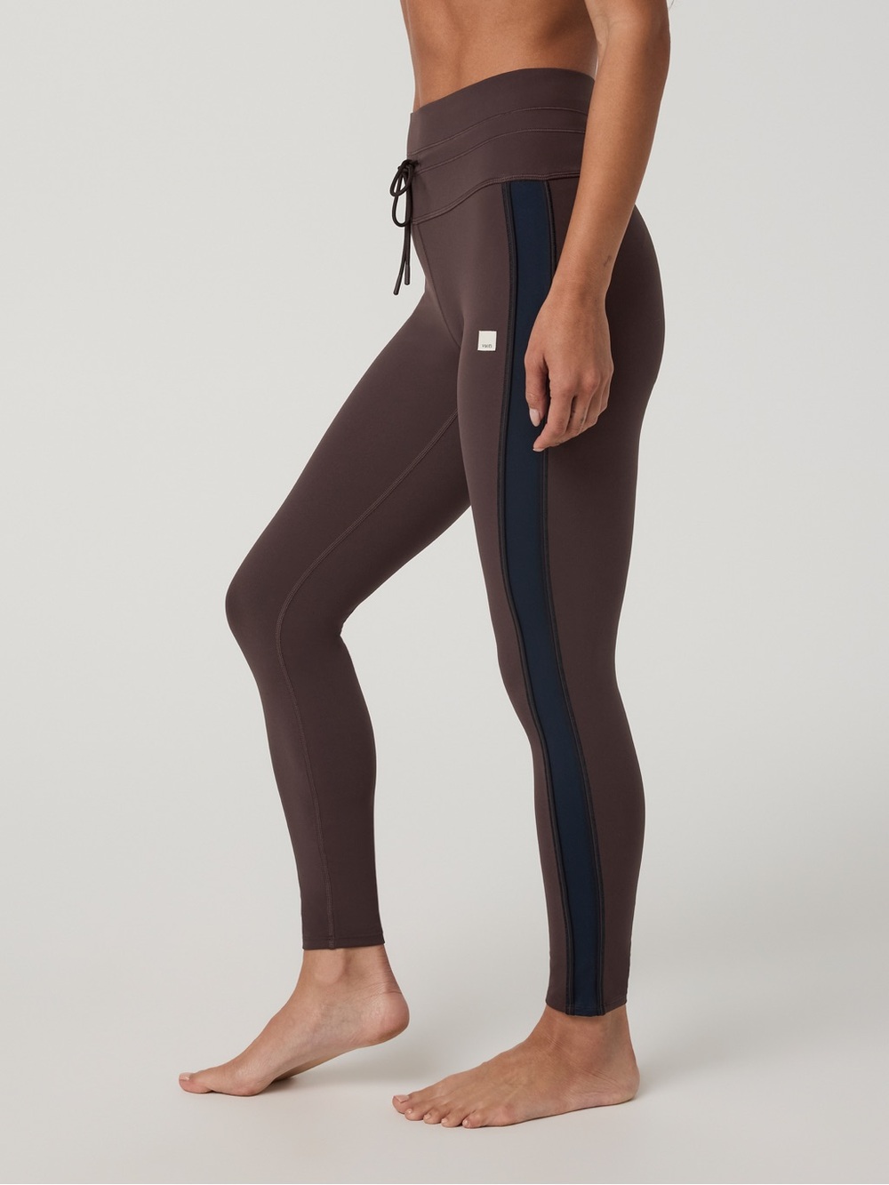 NWT Vuori High-Waist Brown Leggings with Navy Side Stripe